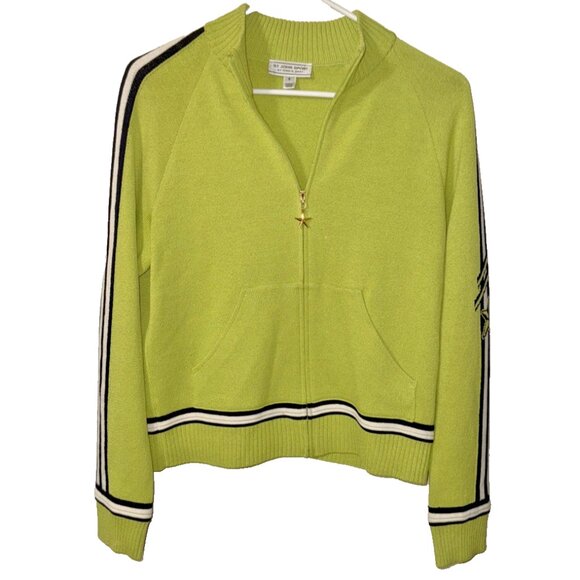 St John Sport Sweaters - St John Sport Lime Green Full Zip Sweater Star Racing Stripes Sleeves Size Small
